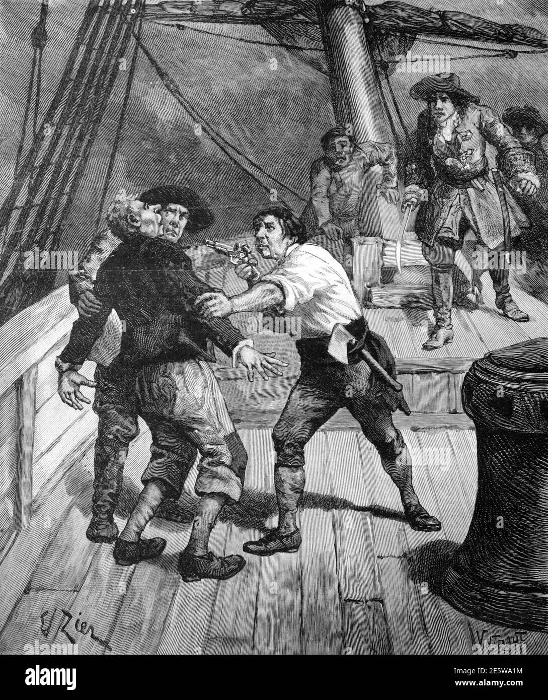 French Corsair Jean François Doublet (1655-1728) on Deck of Tall Ship 1903 Vintage Illustration or Engraving Stock Photo