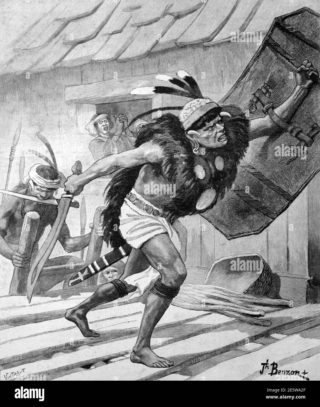 Head Hunting Dayaks or Dyaks Attacking Longhouse in Borneo 1903 Vintage Illustration or Engraving Stock Photo