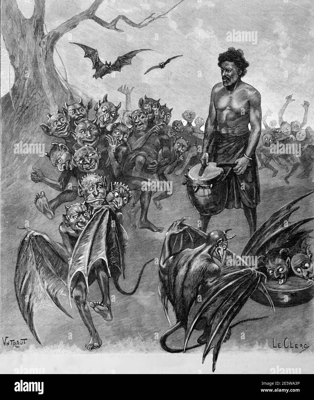 Animist Legend of Sou-sou Devils as Croos Between Evil Humans and Blood Sucking Bats in the Republic of Guinea or Guinea-Conakry  West Africa 1903 Vintage Illustration or Engraving Stock Photo