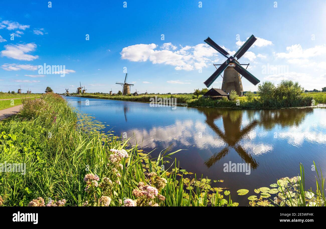 Windmills And Water Canal In Kinderdijk In A Beautiful Summer Day Windmills And Water Canal In Kinderdijk In A Beautiful Summer Day