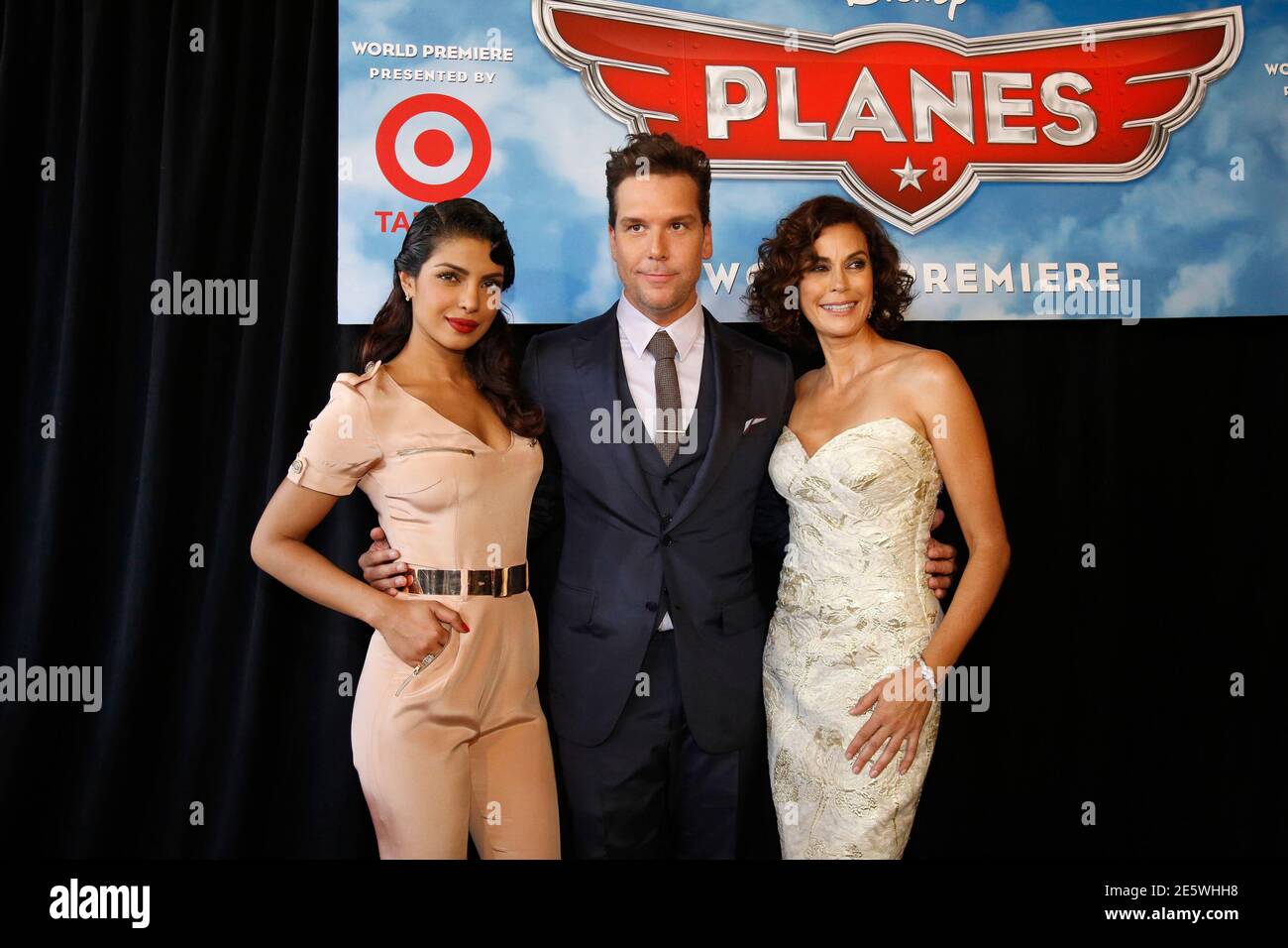Actor Dane Cook, who voices the character of "Dusty Crophopper", poses with  actresses Teri Hatcher (R), who voices the character of "Dottie", and  Priyanka Chopra, who voices the character of "Ishani", at