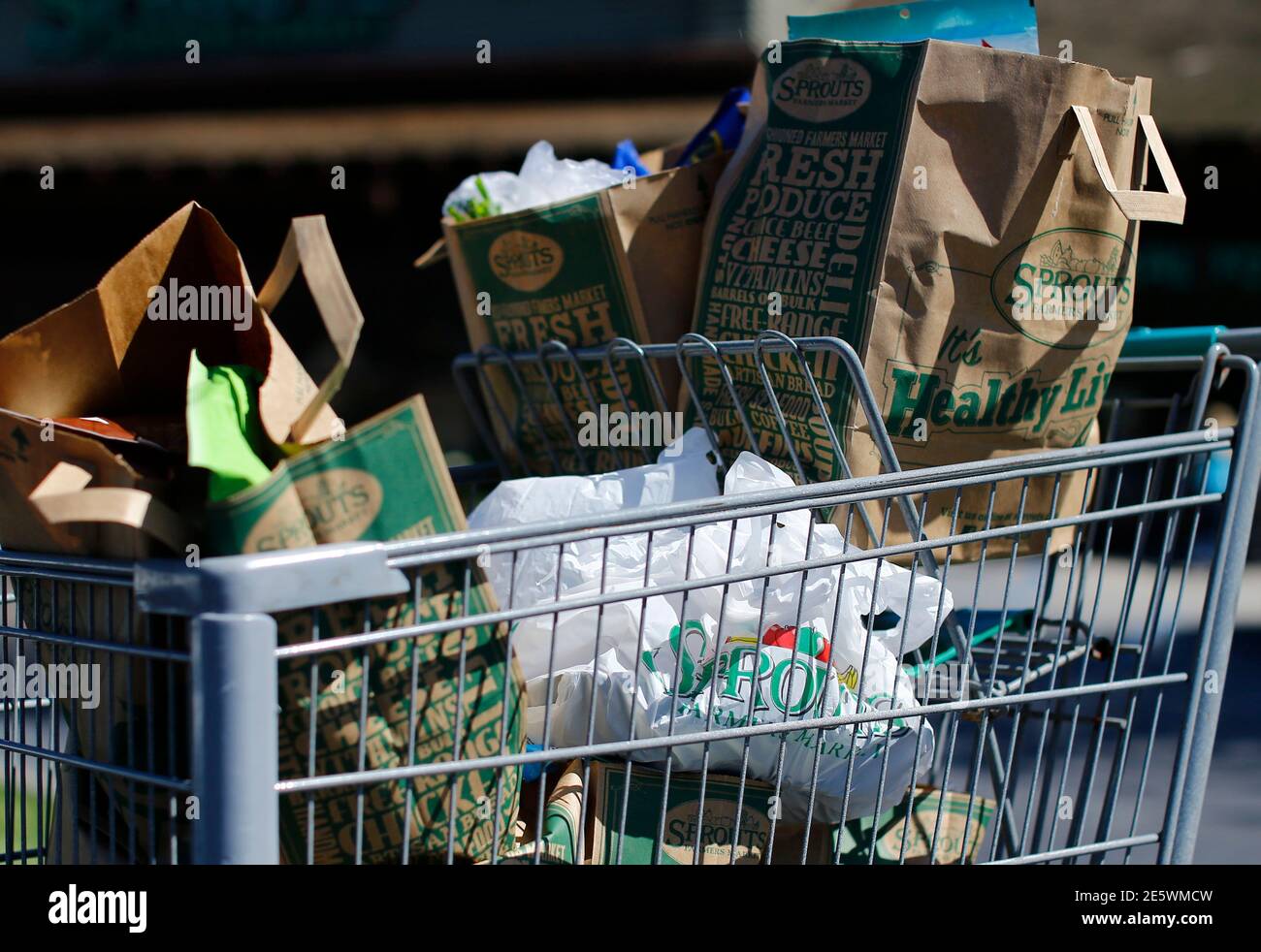 A shopper's grocery cart containing both paper and plastic bags is seen in San Diego, California September 30, 2014. Single-use plastic bags are set to disappear from California grocery stores over the next two years under a first-in-the-nation state law signed on Tuesday by Democratic Governor Jerry Brown, despite opposition from bag manufacturers.      REUTERS/Mike Blake (UNITED STATES - Tags: BUSINESS ENVIRONMENT) Stock Photo