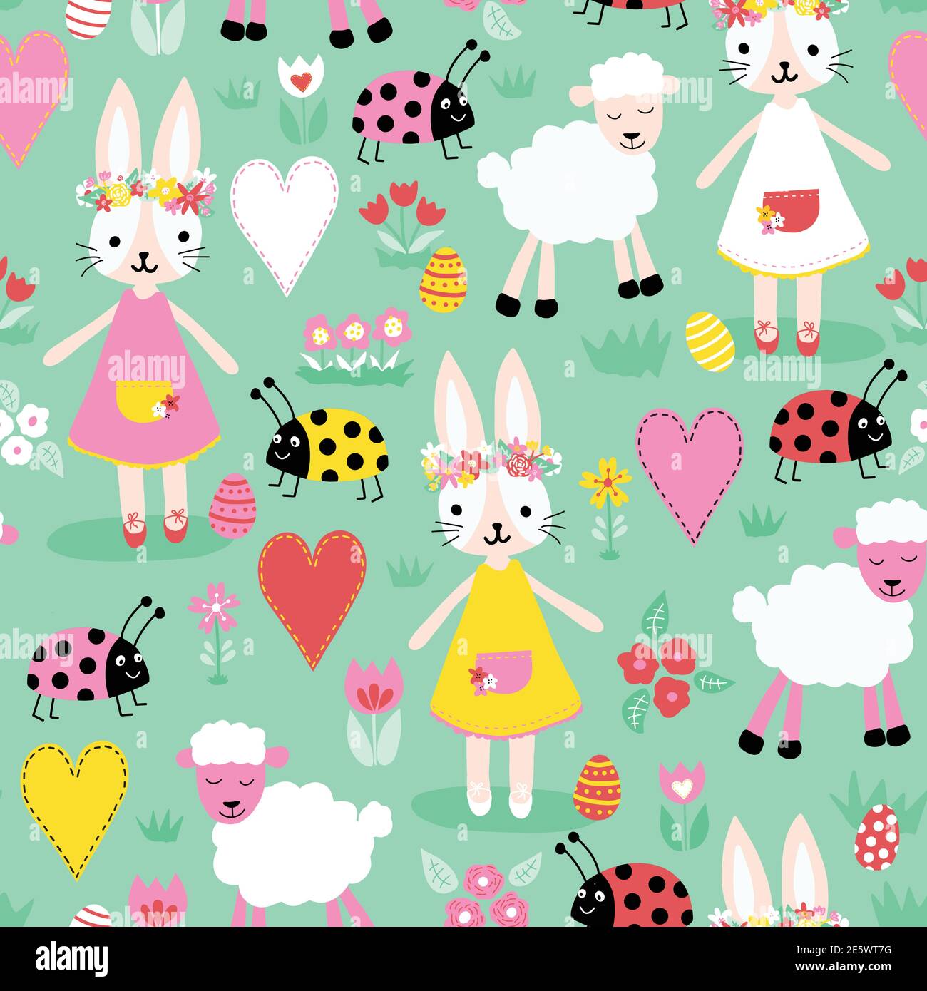 Vector seamless repeating childish pattern with cute bunnies ladybugs sheep  eggs heart on a turquoise green pastel background. Design for a nursery  Stock Vector Image & Art - Alamy
