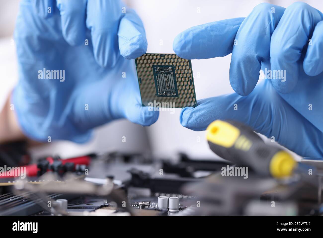 Hands in rubber gloves are holding microprocessor closeup Stock Photo