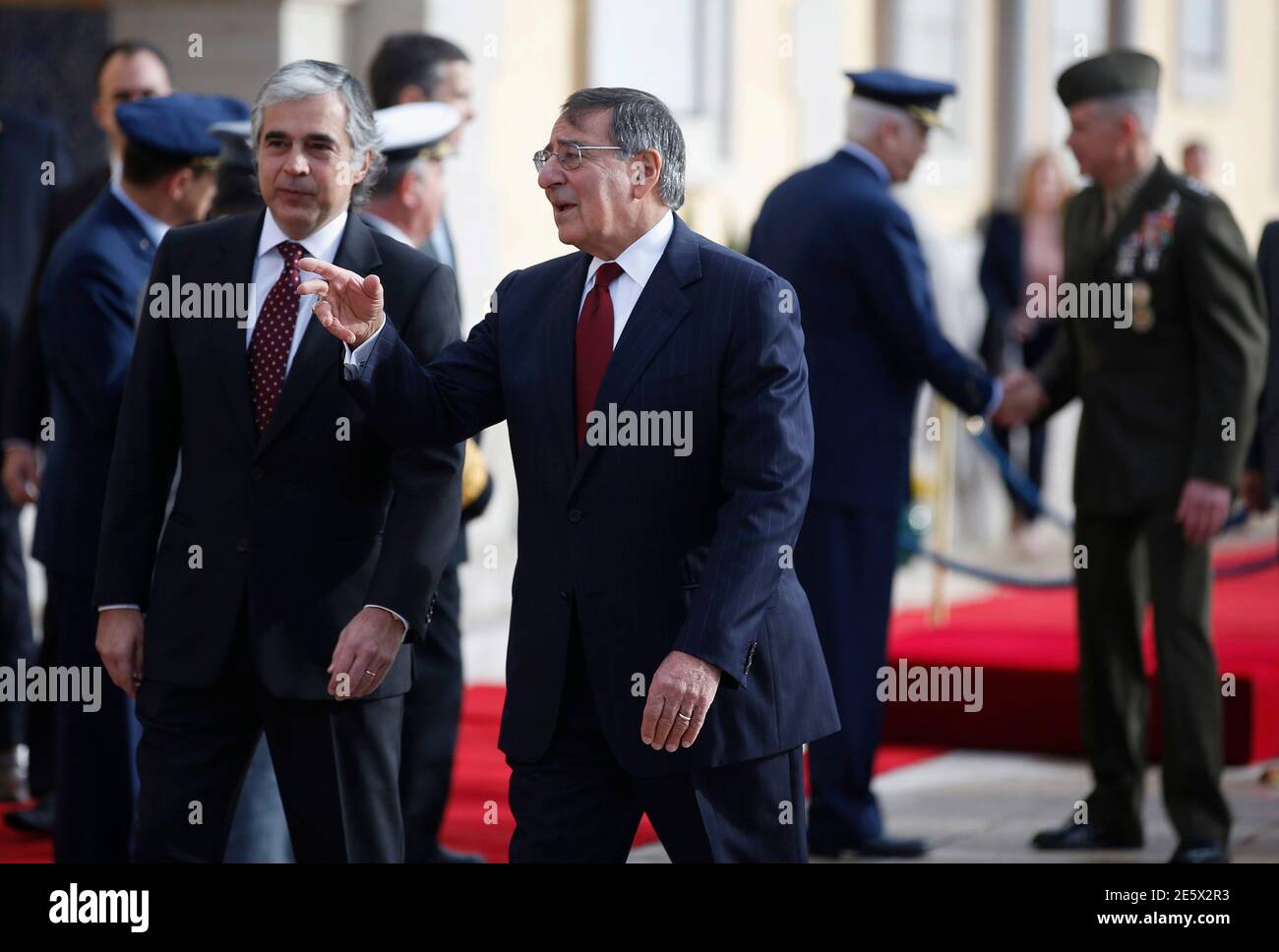 U S Defense Secretary Leon Panetta R Talks With Portugal S Defence Minister Jose Pedro Aguiar Branco After Arriving At Sao Juliao Fortress On The Outskirts Of Lisbon January 15 13 Panetta Arrived On Monday
