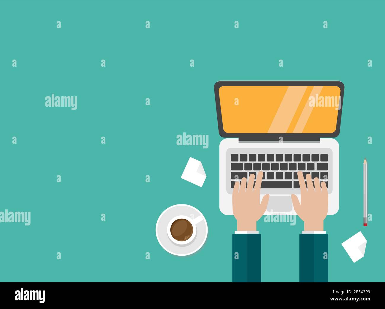 workplace with coffee, smartphone and laptop with hands on the keyboard. human hands using computer isolated on turquoise background.notebook top view Stock Vector