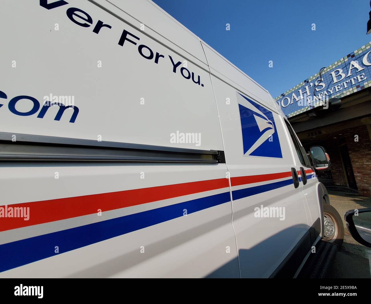 Wide angle of United States Postal Service (USPS) truck, Lafayette