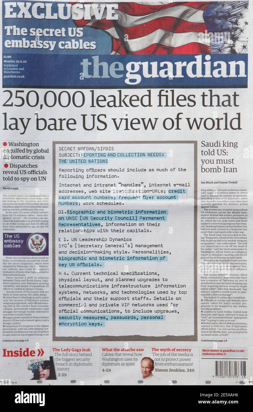 The front page of the Guardian newspaper is seen in central London,  November 29, 2010. The Guardian published a vast cache of U.S. diplomatic  cables released on Sunday in an embarrassing leak
