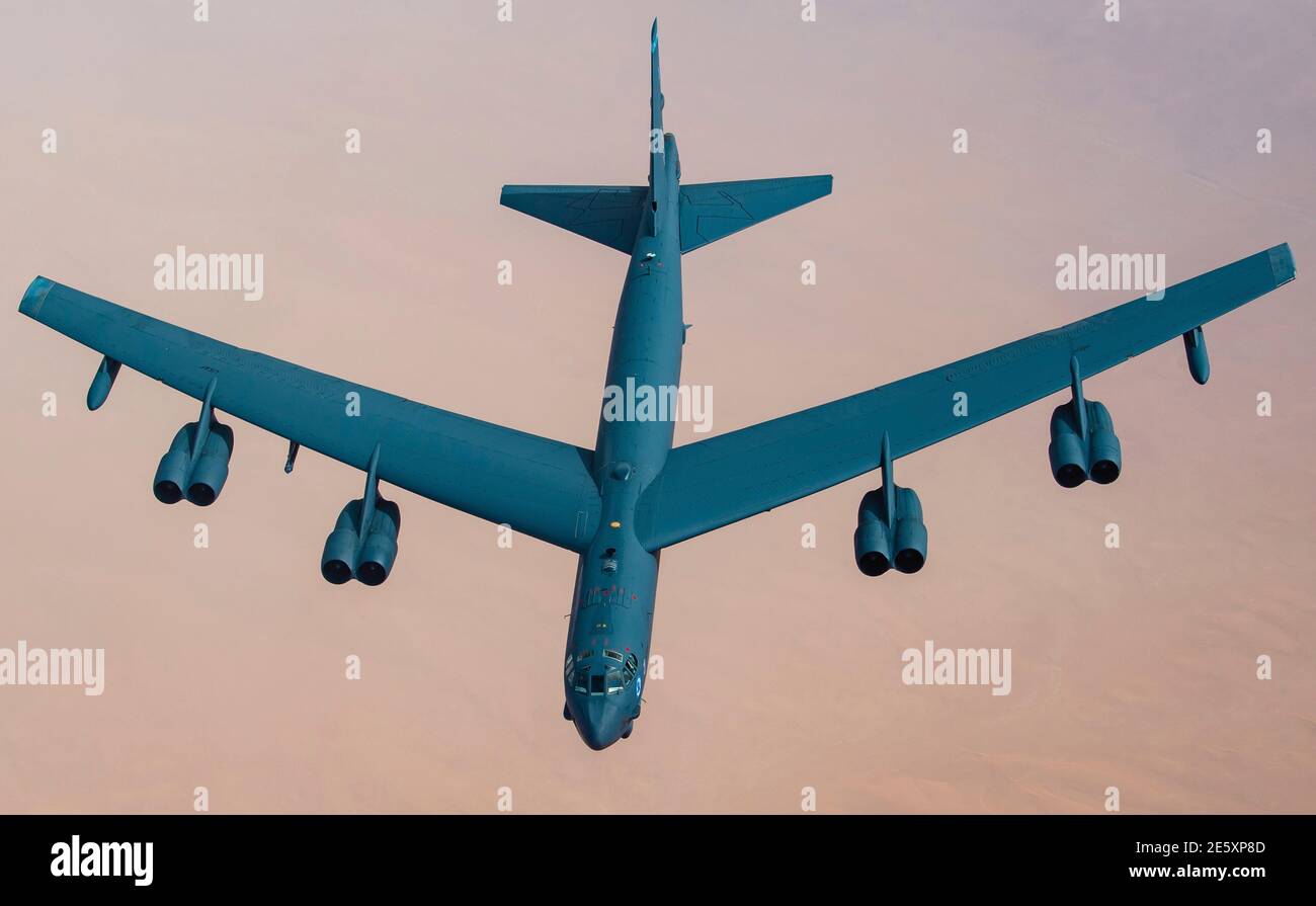 Persian Gulf, Saudi Arabia. 27th Jan, 2021. A U.S. Air Force B-52 Stratofortress strategic bomber from the 2nd Bomb Wing flies over the desert after refueling from a KC-135 Stratotanker during a short-duration deployment to the middle east January 27, 202 over the Persian Gulf. Credit: Planetpix/Alamy Live News Stock Photo