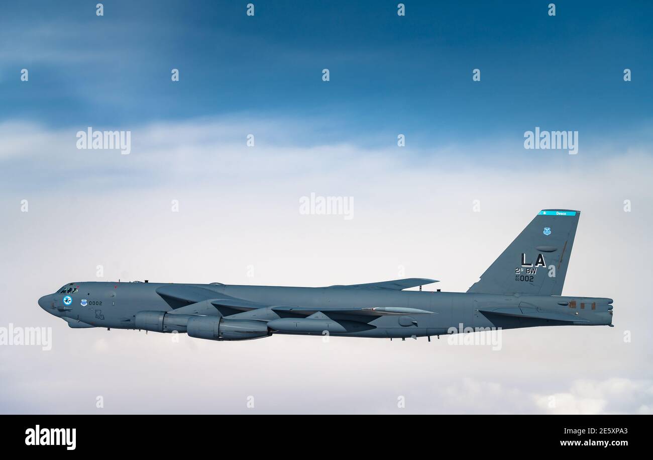 Persian Gulf, Saudi Arabia. 27th Jan, 2021. A U.S. Air Force B-52 Stratofortress strategic bomber from the 2nd Bomb Wing flies at altitude after refueling from a KC-135 Stratotanker during a short-duration deployment to the middle east January 27, 202 over the Persian Gulf. Credit: Planetpix/Alamy Live News Stock Photo