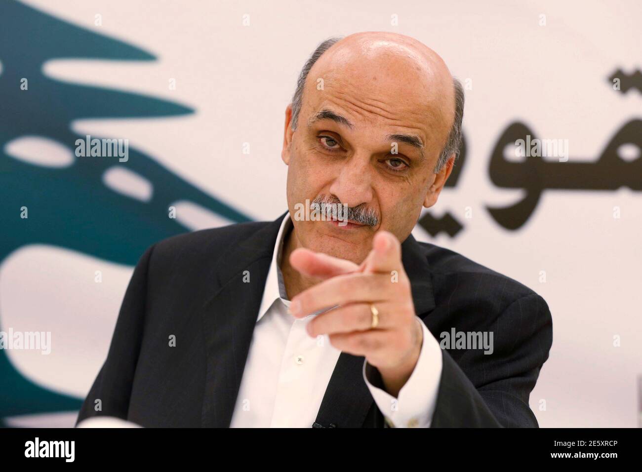 Geagea, leader the Christian Lebanese Forces, speaks during an interview with at his home in the Christian village of Maarab in the mountains overlooking the seaside of Jounieh,