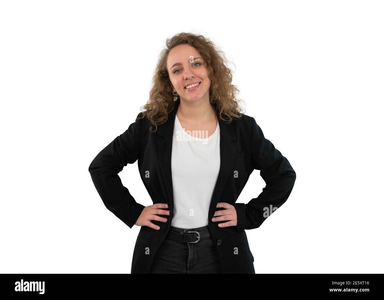 Smiling business woman wearing suit and hands on hips. Isolated on white background. Stock Photo