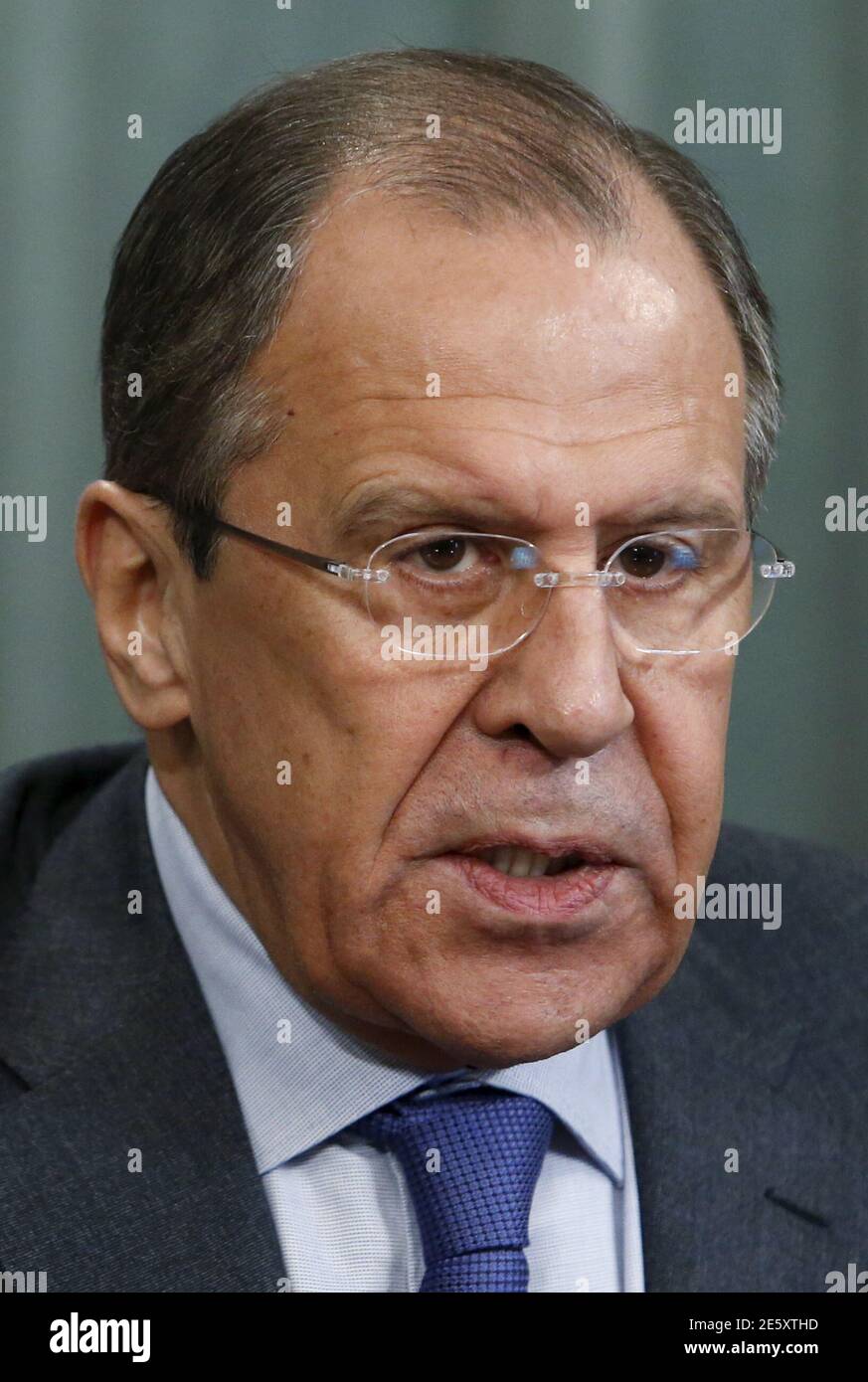 Russian Foreign Minister Sergei Lavrov speaks during a news conference after a meeting with his counterpart from Zambia, Harry Kalaba, in Moscow April 17, 2015. REUTERS/Sergei Karpukhin Stock Photo