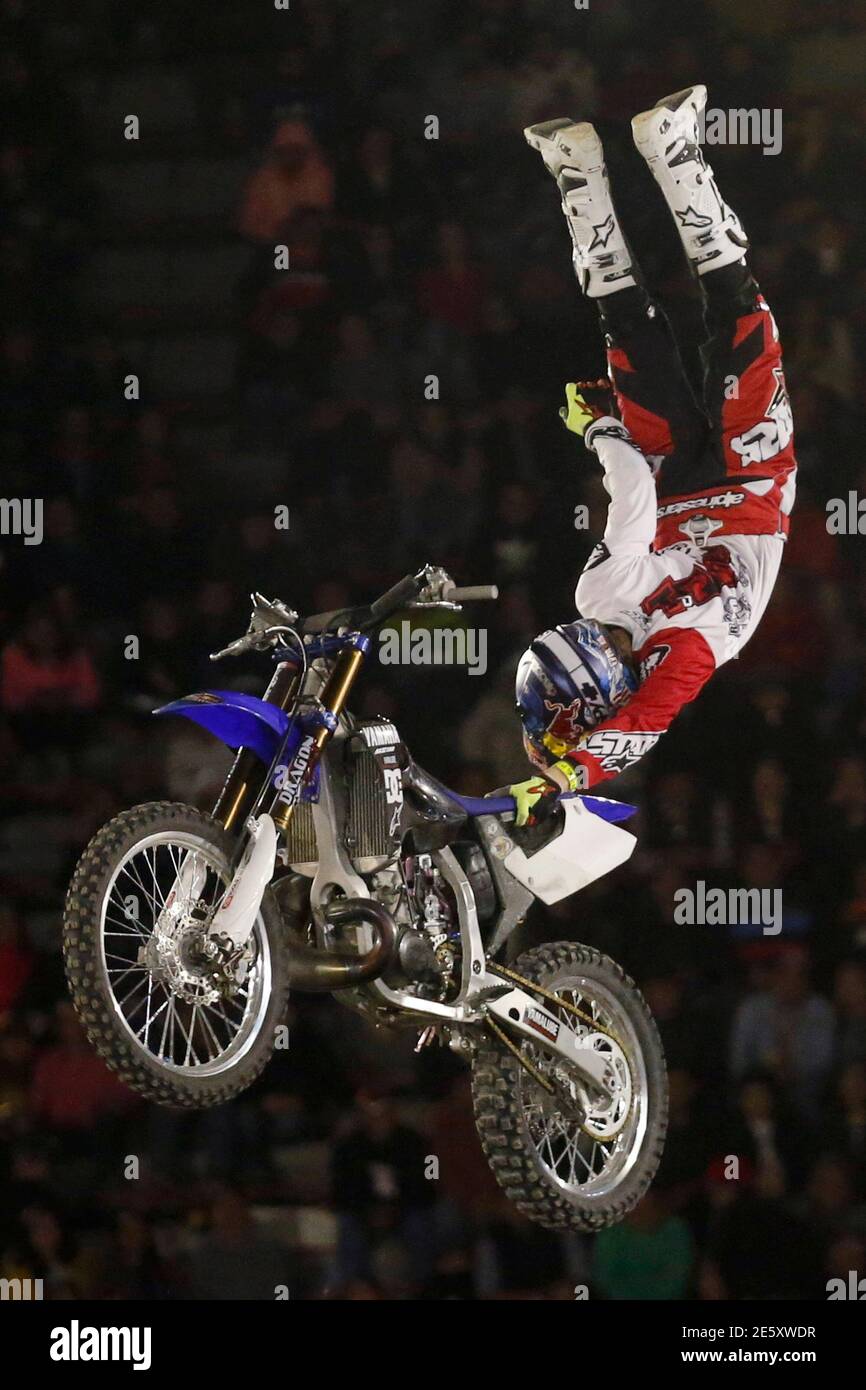 Tom Pages of France performs a jump on his motorcycle during the freestyle  motocross show "Red Bull X Fighters" in Mexico City, March 6, 2015. Picture  taken March 6, 2015. REUTERS/Edgard Garrido (