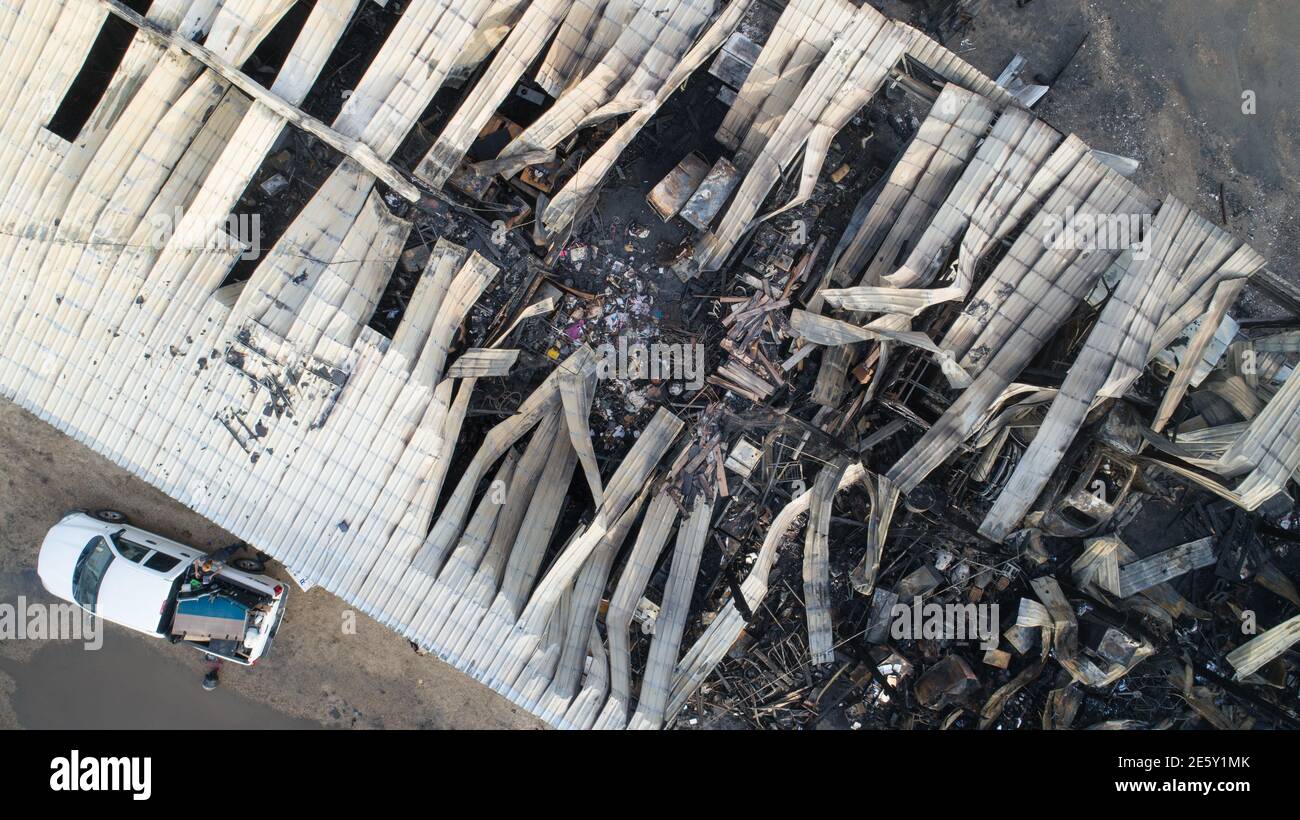 aerial view of a burned out storage unit Stock Photo