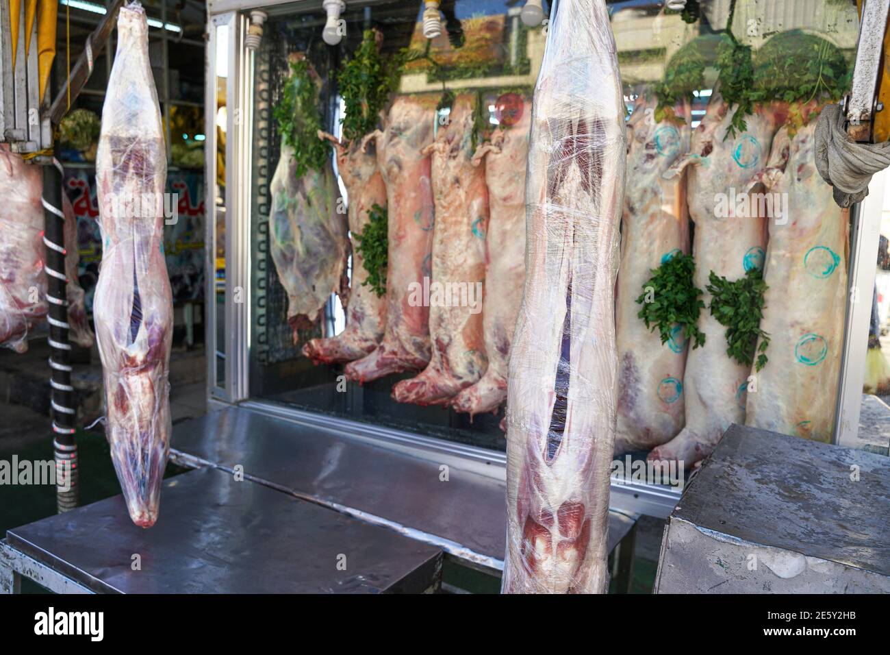 Aqaba, Jordan - January 17, 2020: Raw meat - whole livestock bodies packed in plastic foil hanging, some green leaves for decoration - displayed at lo Stock Photo