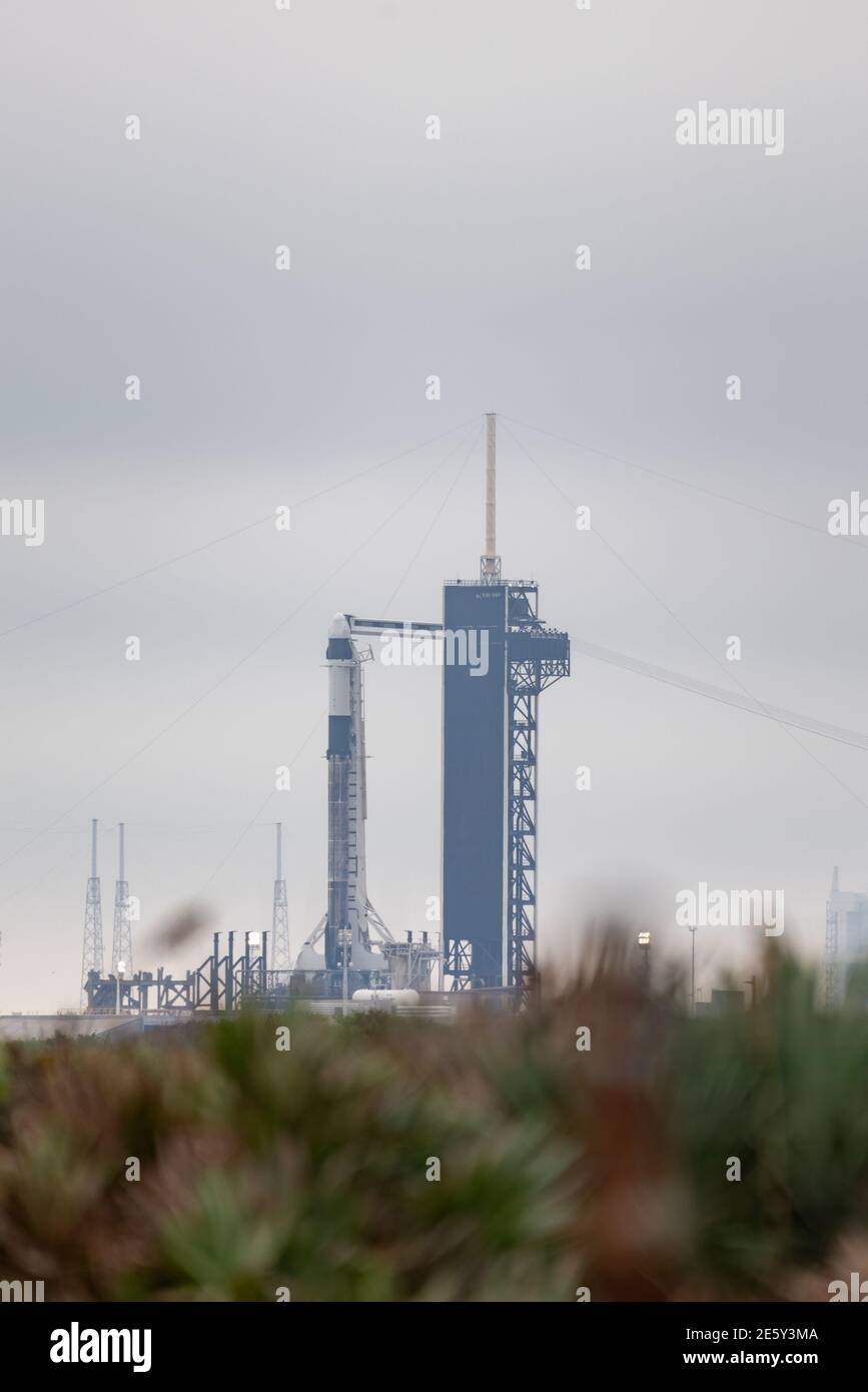 Space Falcon 9 Rocket on Launch Pad one day before launching the 21st Commerces Resupply Service Mission for NASA on December 6, 2020. Stock Photo