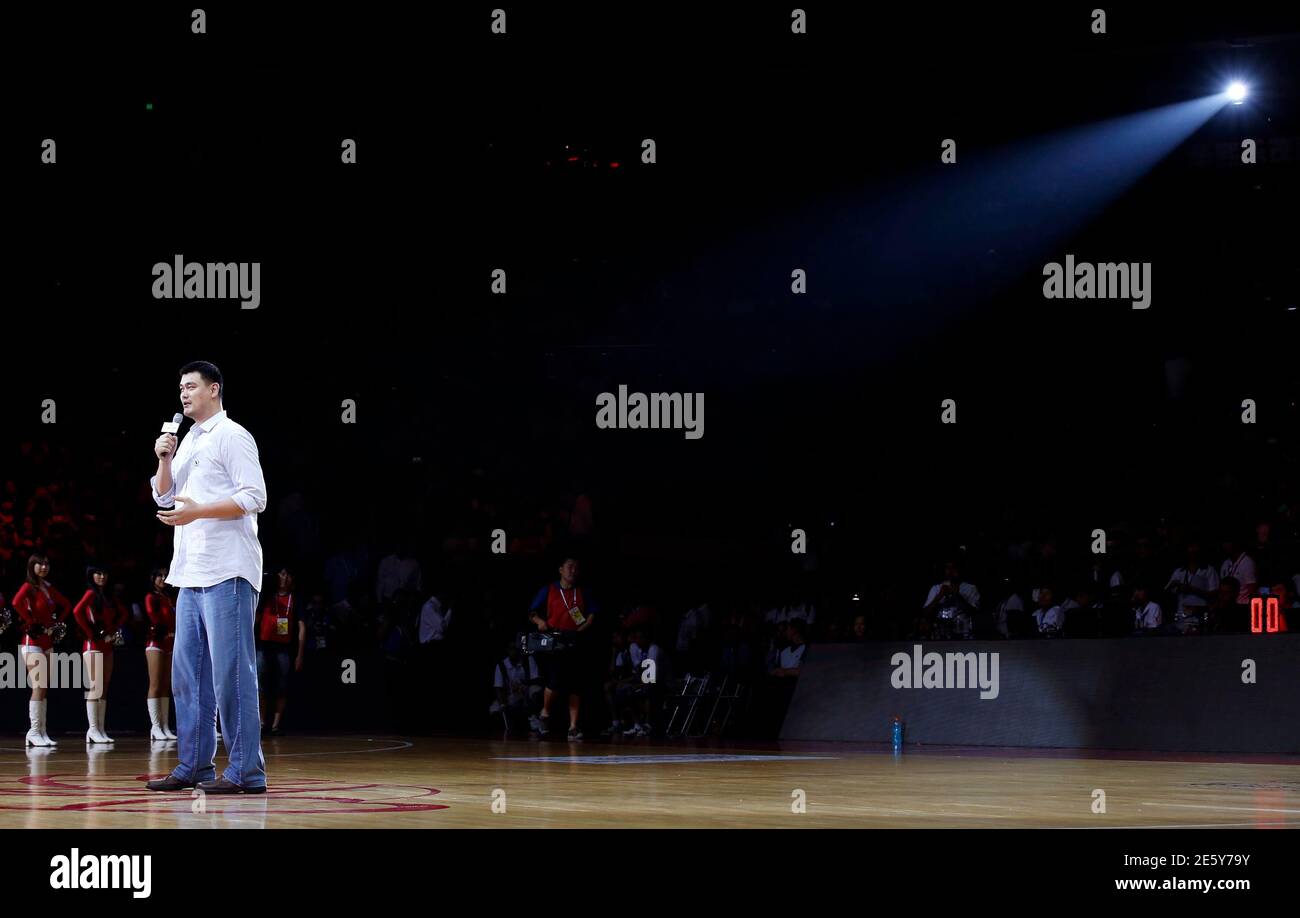 Retired Chinese And Nba Basketball Star Yao Ming Makes A Speech Prior To A Charity Basketball Match Between The Nba All Star Team And Chinese National Team In Beijing July 1 2013 All