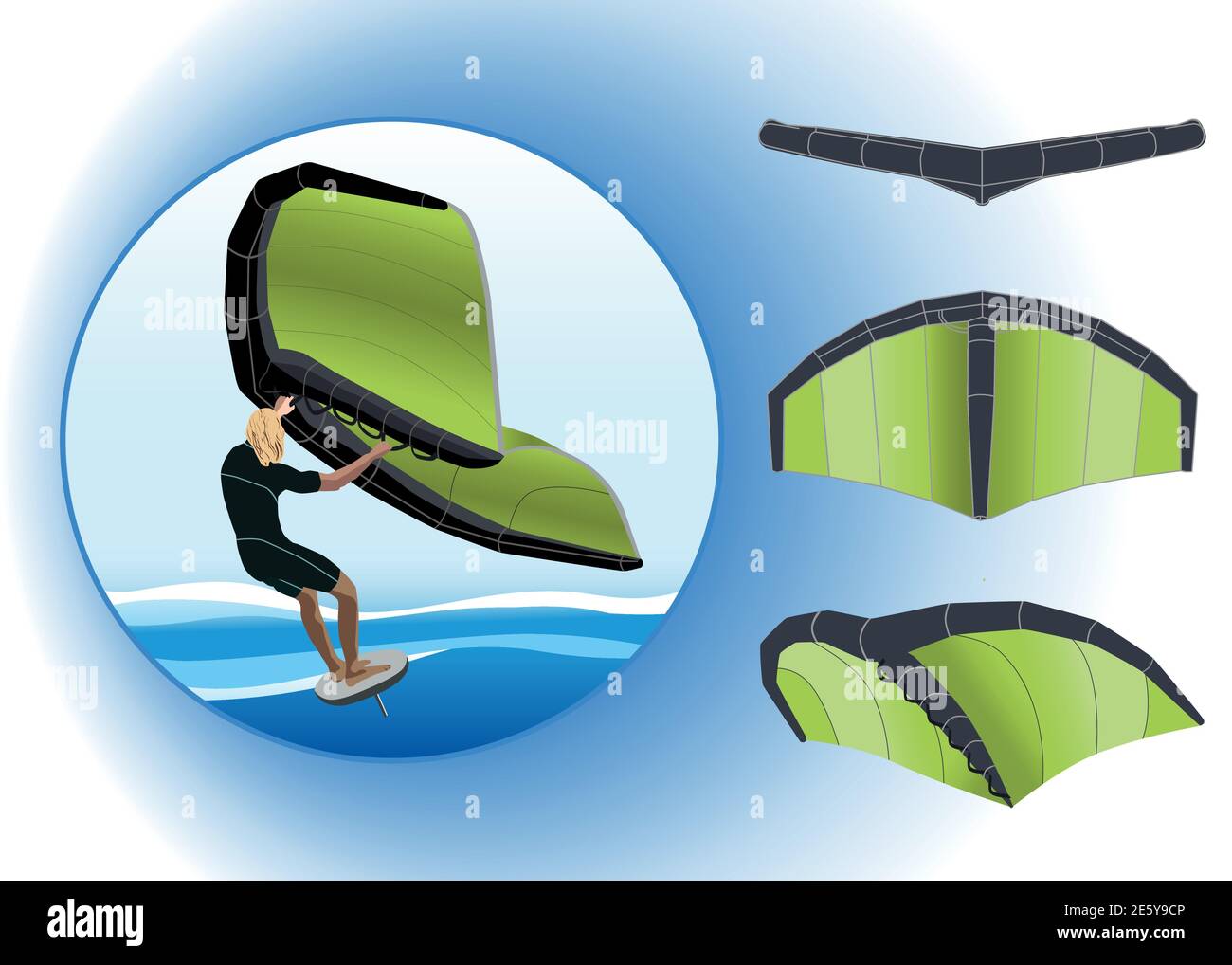 Vector illustration about Wing surfing. Surfer on a board with a manual inflatable wing