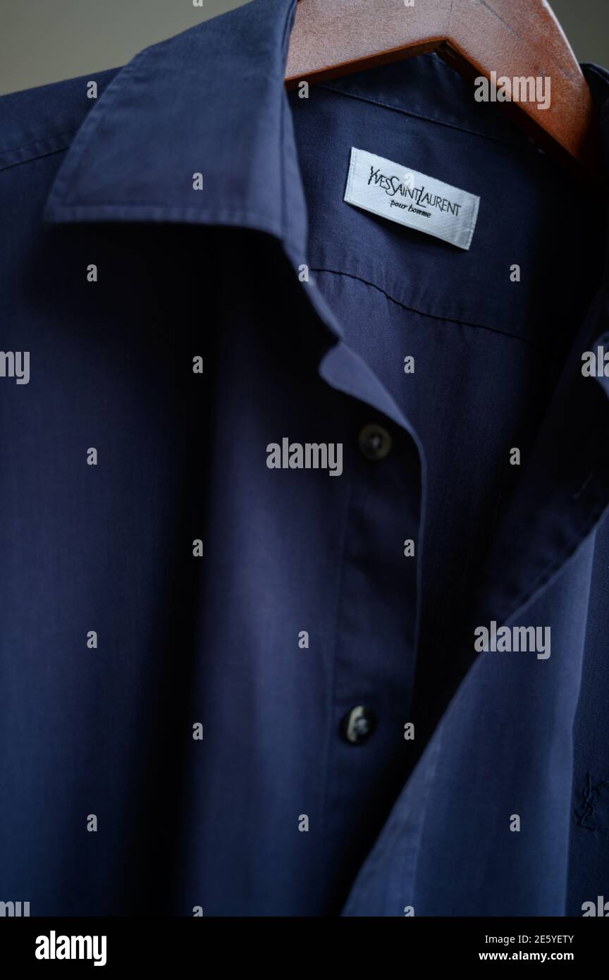 Blue Yves Saint Laurent cotton shirt details closeup. Men's fashion Stock  Photo - Alamy