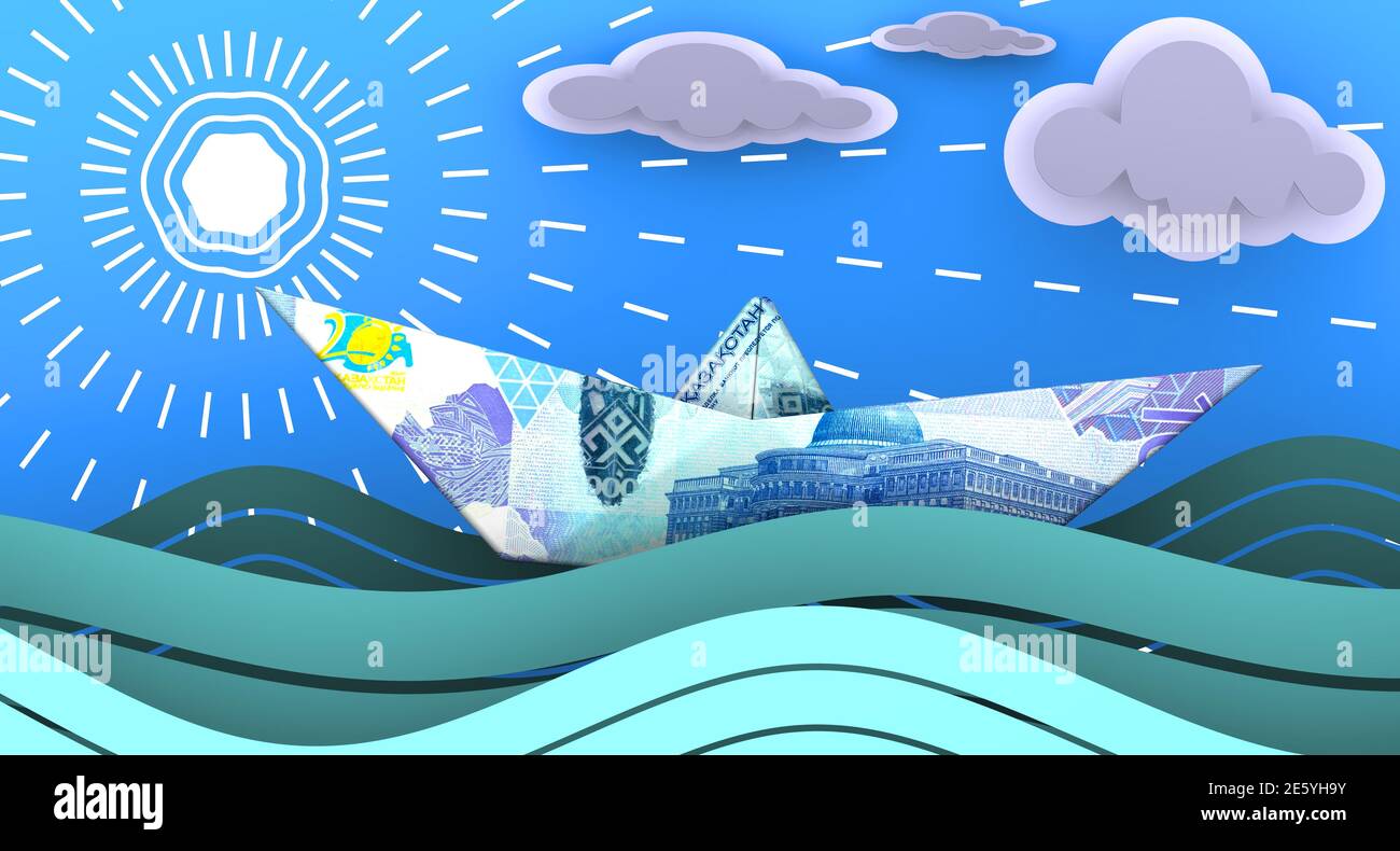 Kazakhstan banknote (tenge) as a paper boat floats on the waves of the ocean against the background of the blue sky, clouds and the sun Stock Photo