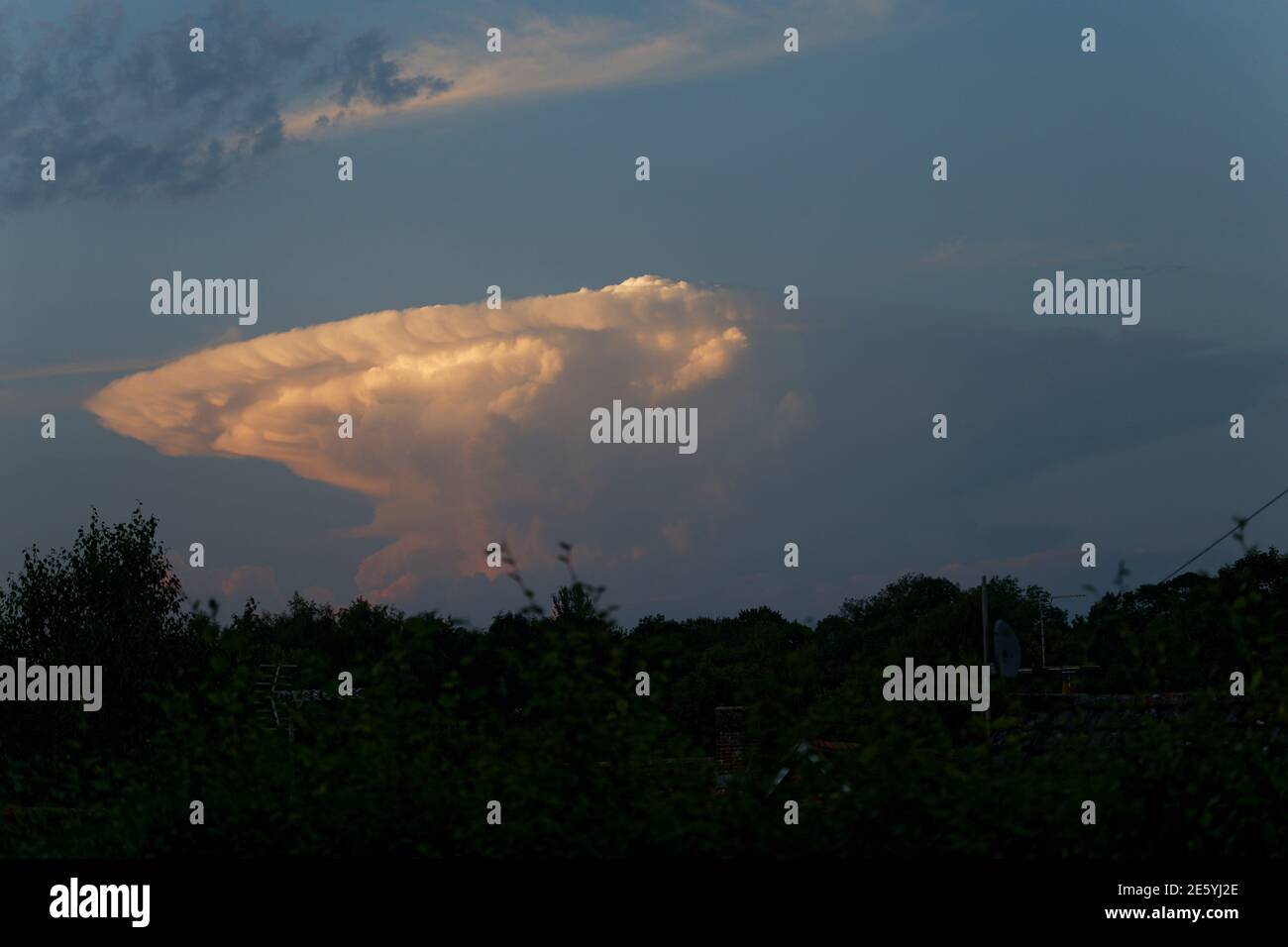 Distant thunder cloud in the classic anvil shape lit by a low evening sun Stock Photo