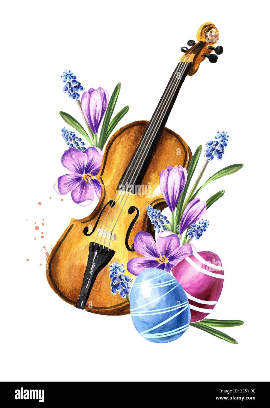 Retro wooden brown violin and spring flowers. Happy Easter concept. Hand  drawn watercolor illustration isolated on white background Stock Photo -  Alamy