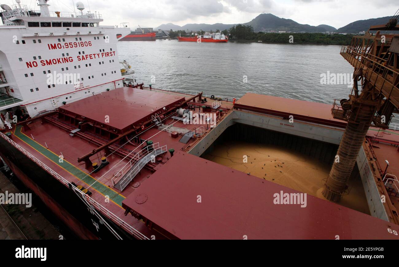 A ship is loaded with soybeans at Santos port in Santos March 27, 2013.  Soybean spot basis bids spiked along the mid-Mississippi River as export  demand remained strong due to port delays
