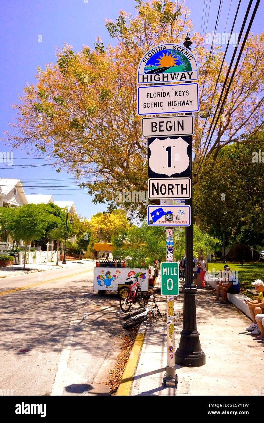 Beginning of Highway One in Key West, Florida, FL USA.  Southern most point in the continental USA.  Island vacation destination for relaxed tourism. Stock Photo