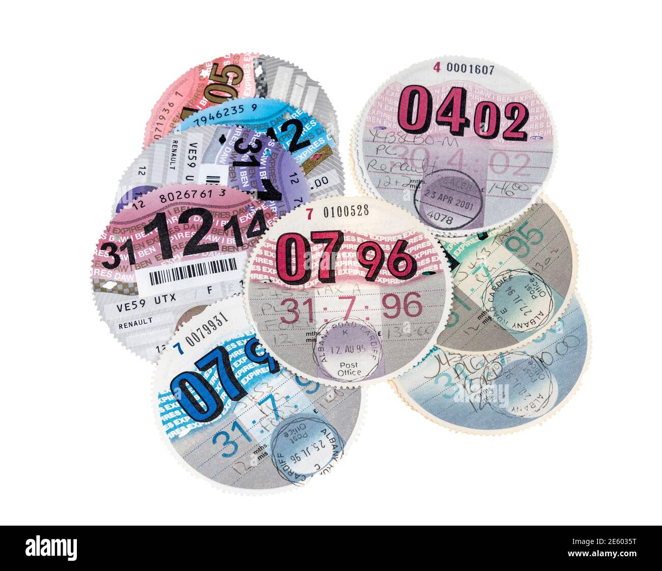 Selection of road fund tax discs for car, UK Stock Photo