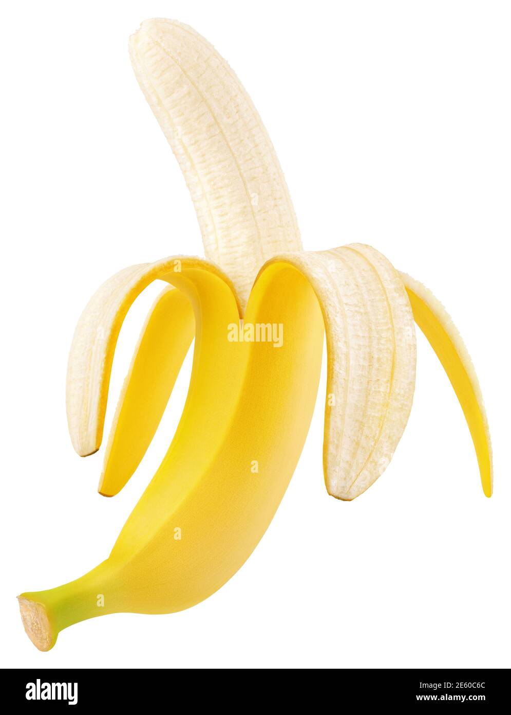 Half peeled banana isolated on white background. Ripe open banana with clipping path. Full Depth of Field Stock Photo