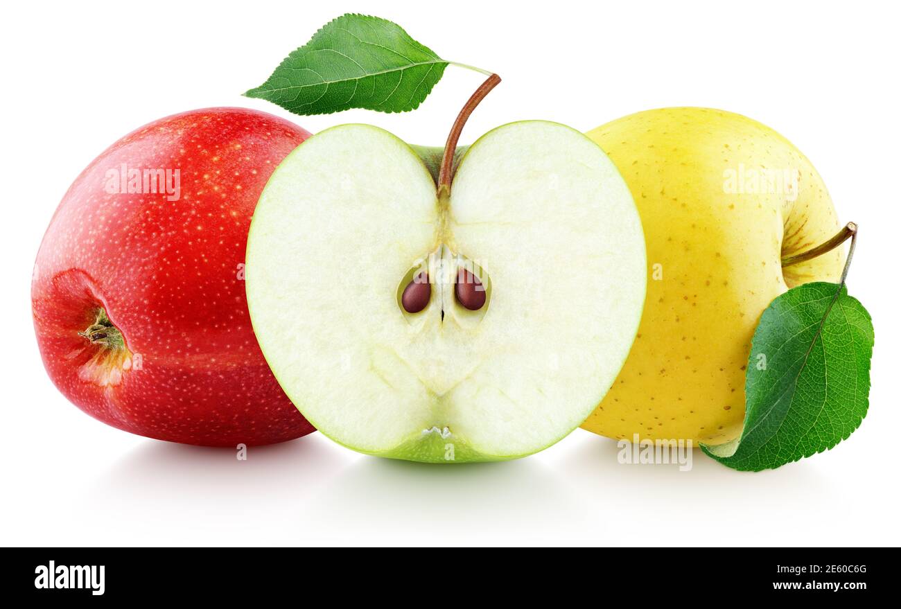 Colorful apples with leaves isolated on white background. Red, green, yellow apples with clipping path. Full Depth of Field Stock Photo