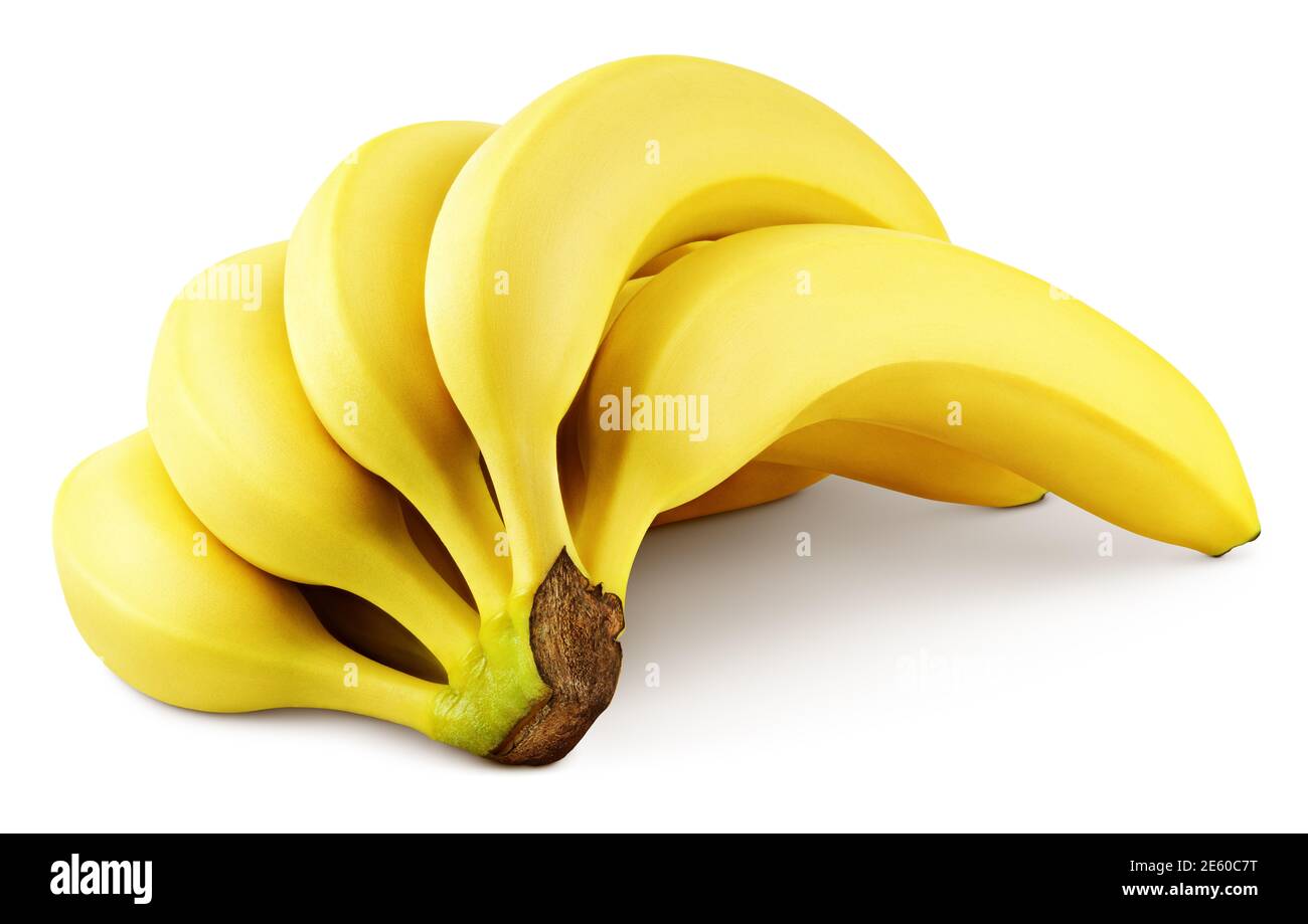 Bunch of yellow bananas isolated on white background. Ripe bananas with clipping path. Full Depth of Field Stock Photo