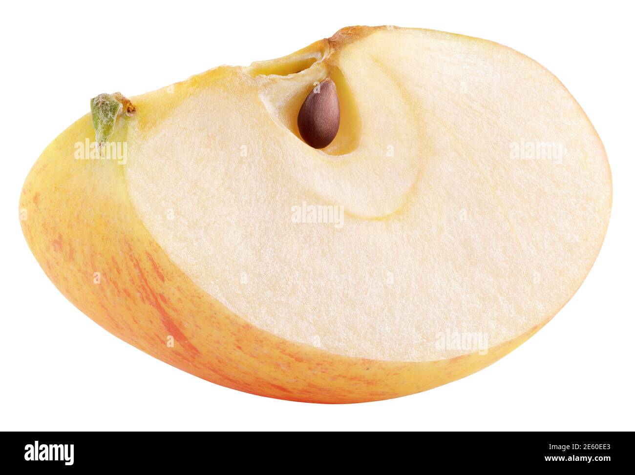 Slice of red yellow apple fruit isolated on white background. Red apple wedge with seed. Full Depth of Field Stock Photo