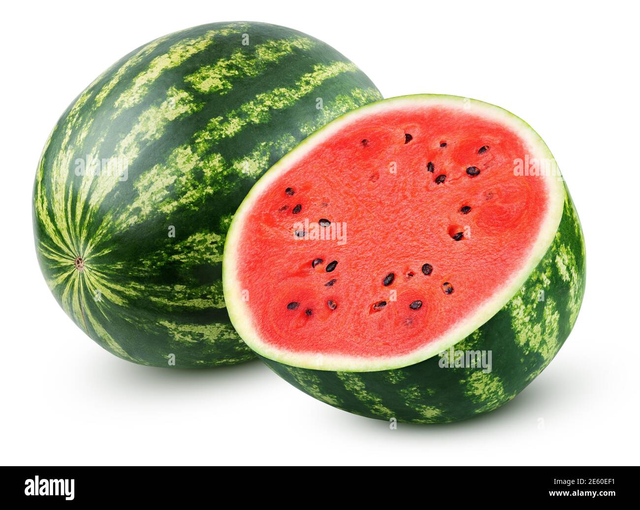 Ripe whole watermelon with half isolated on white background. Watermelon berry with clipping path. Full Depth of Field Stock Photo