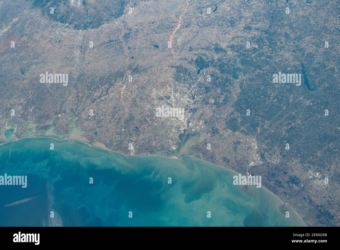 Cape Canaveral and the Kennedy Space Center along the coast of Florida in the United States as the International Space Station orbited 261 miles above the Earths surface. Stock Photo