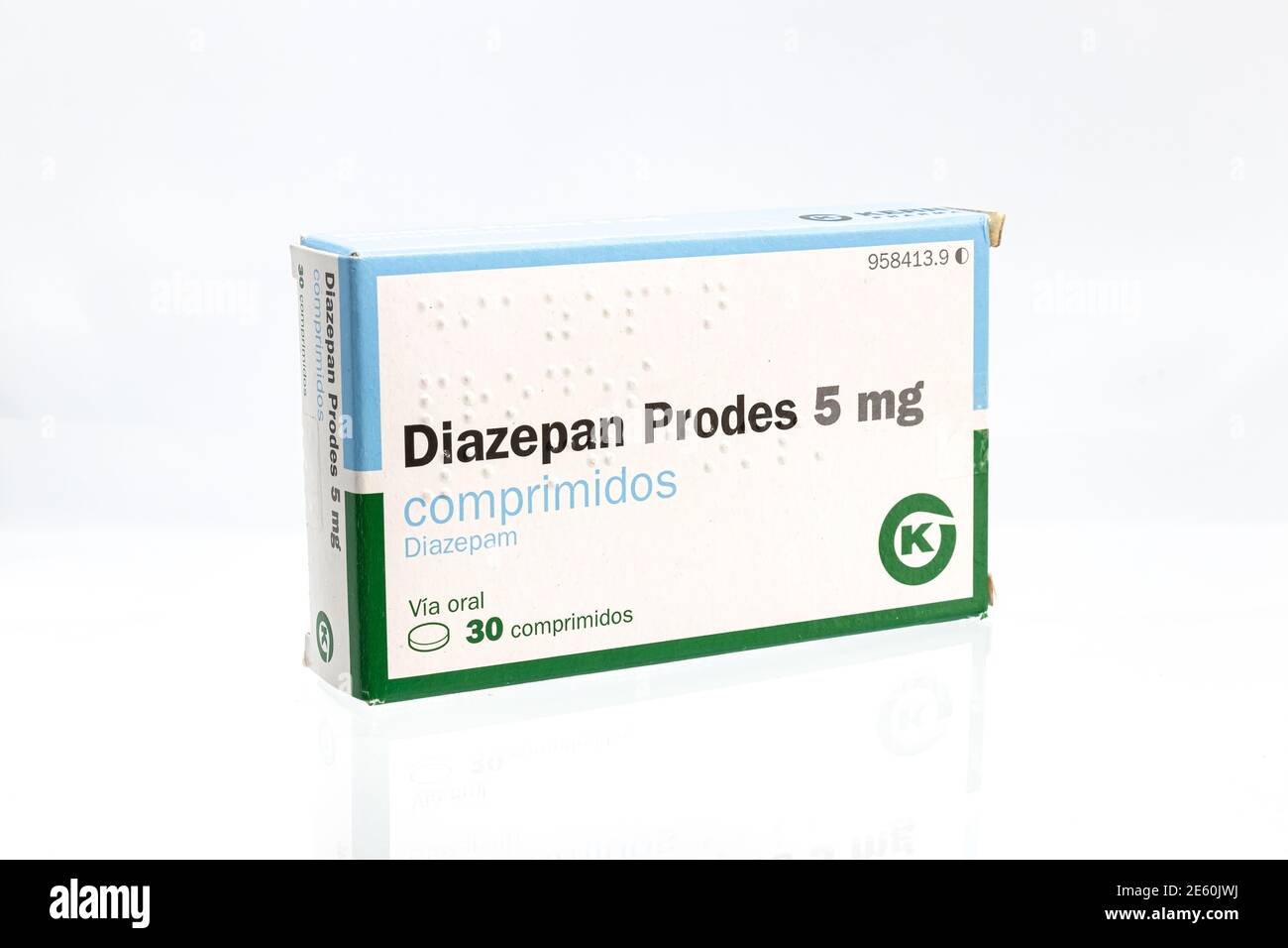 Huelva, Spain - January 25, 2021: Spanish Box of Diazepam brand Prodes. Diazepam, first marketed as Valium, is a medicine of the benzodiazepine family Stock Photo