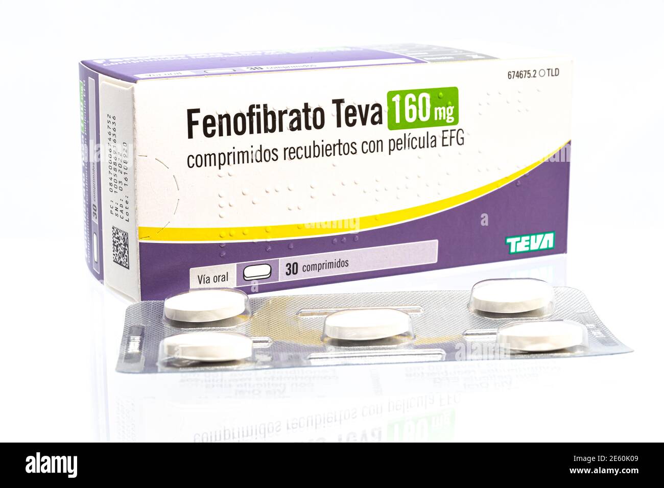 Huelva, Spain - January 25, 2021: Spanish Box of Fenofibrate brand Teva, is a medication of the fibrate class used to treat abnormal blood lipid level Stock Photo