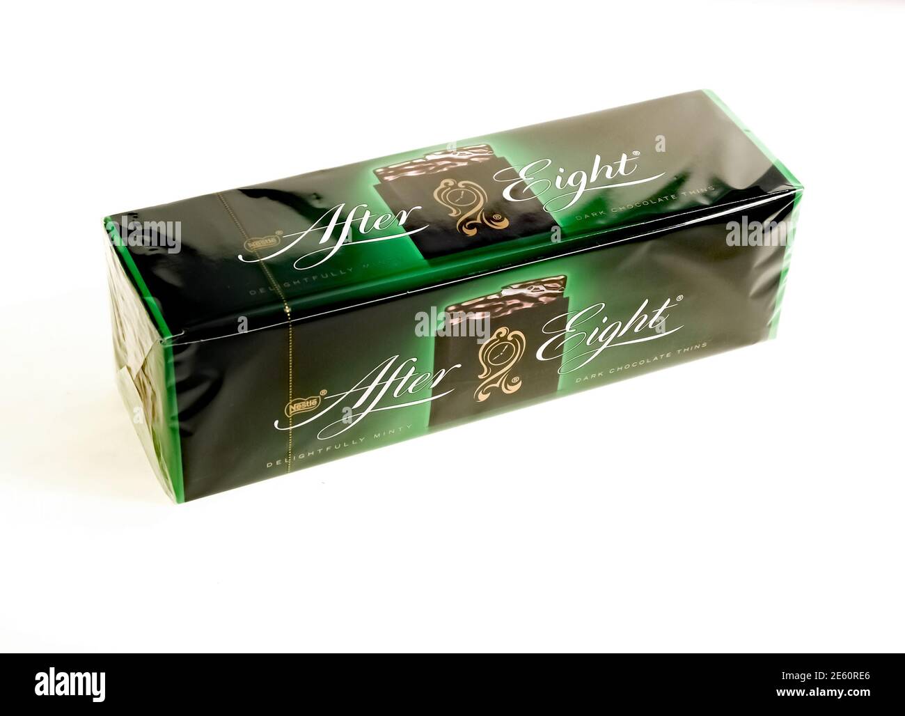 Norwich, Norfolk, UK – December 26 2020. An illustrative photo of a close up of a box of After Eight chocolates on a plain white background Stock Photo