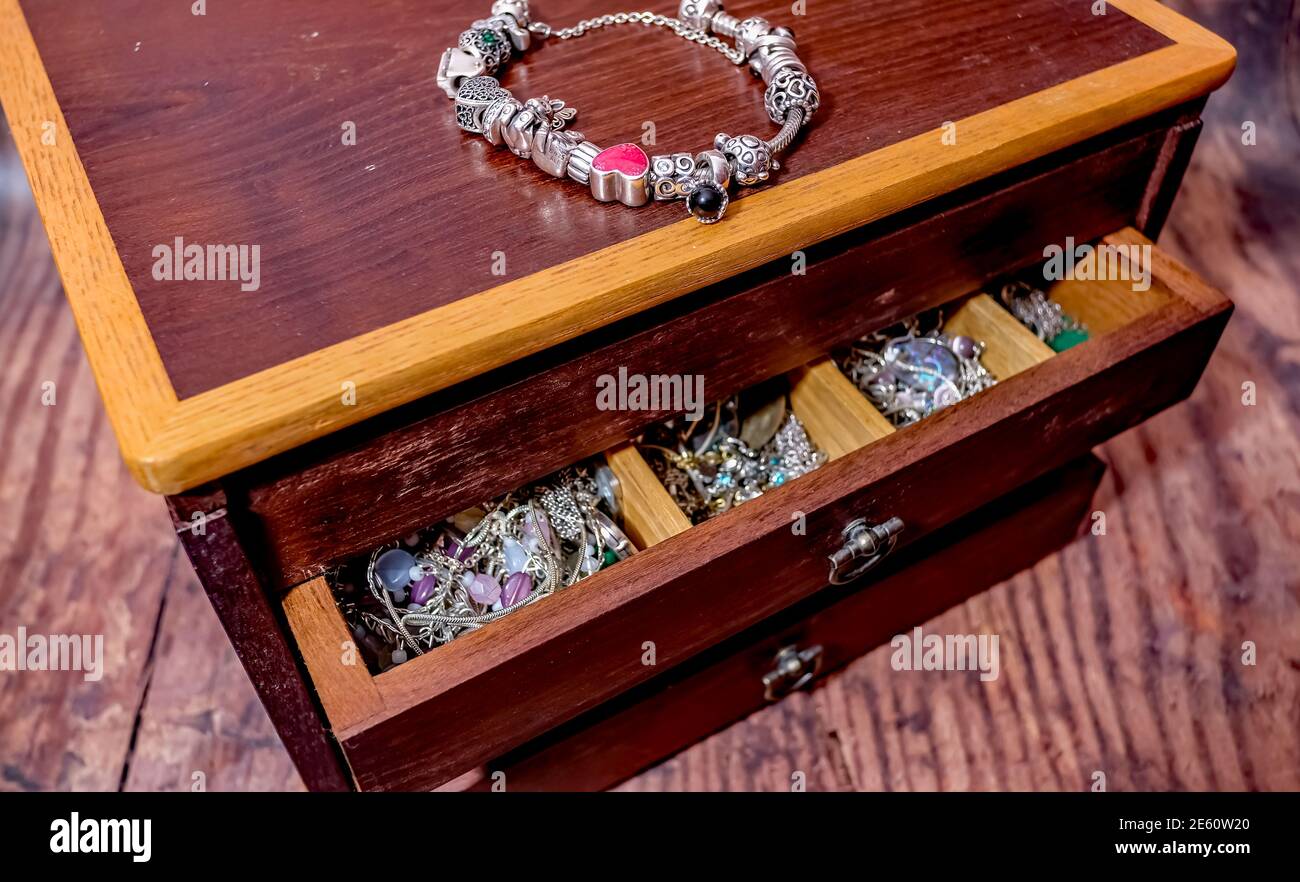 Norwich, Norfolk, UK – December 26 2020. An illustrative photo of Pandora  charms on a Pandora charm bracelet on top of a wooden jewellery box Stock  Photo - Alamy