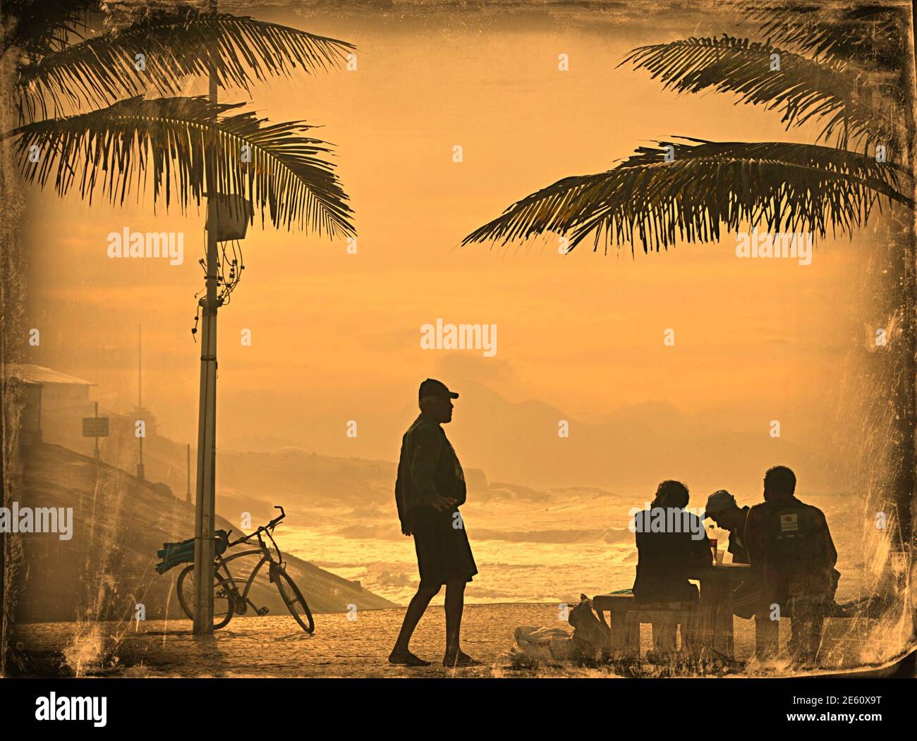 Sunset seascape with local people and palm trees silhouettes on the shoreline of Ipanema Beach in Rio de Janeiro Brazil. Stock Photo