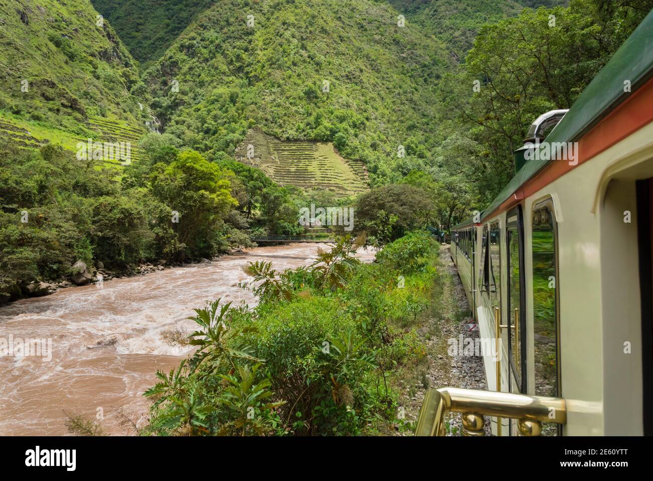 Inka Rail train along Vilcanota River from village of Ollantaytambo to Machu Picchu Pueblo, Peru. Stock Photo