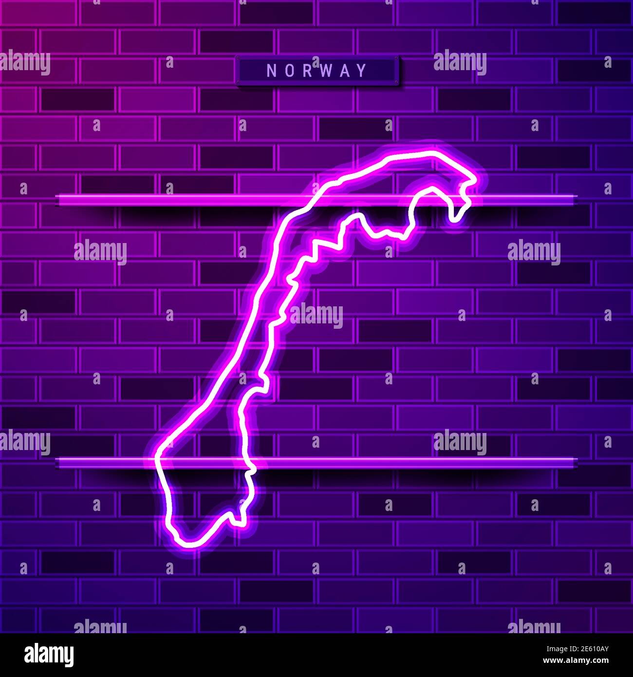 Norway map glowing neon lamp sign. Realistic vector illustration. Country name plate. Purple brick wall, violet glow, metal holders. Stock Vector