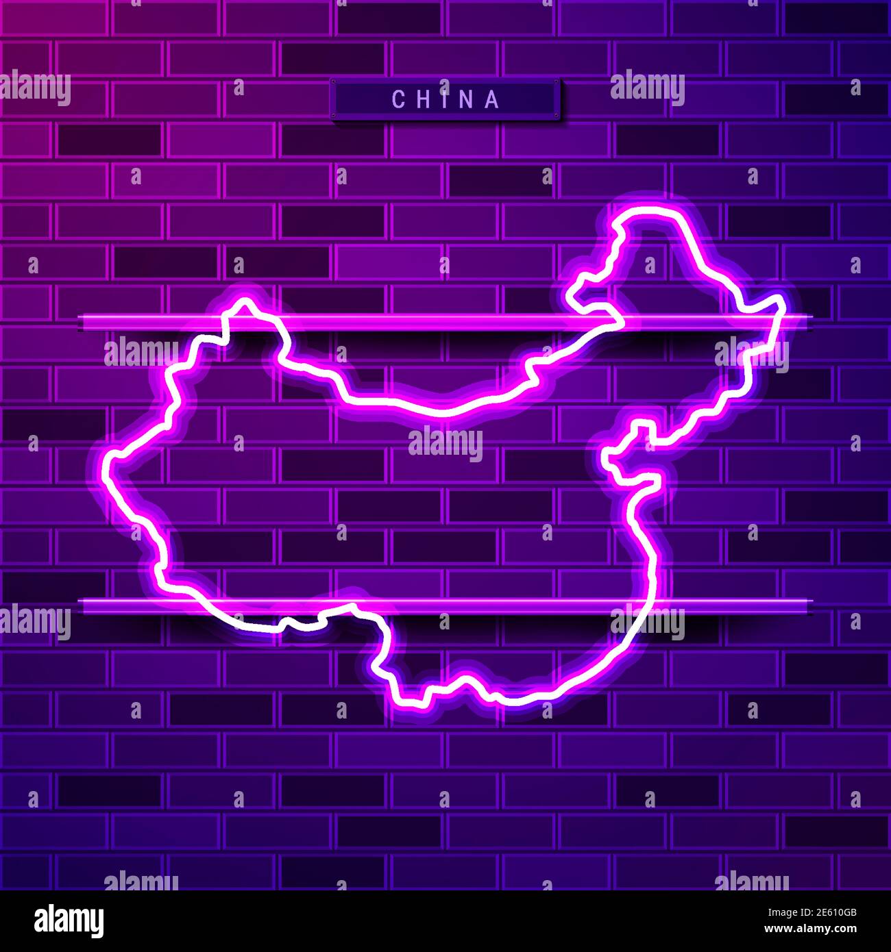 China map glowing neon lamp sign. Realistic vector illustration. Country name plate. Purple brick wall, violet glow, metal holders. Stock Vector