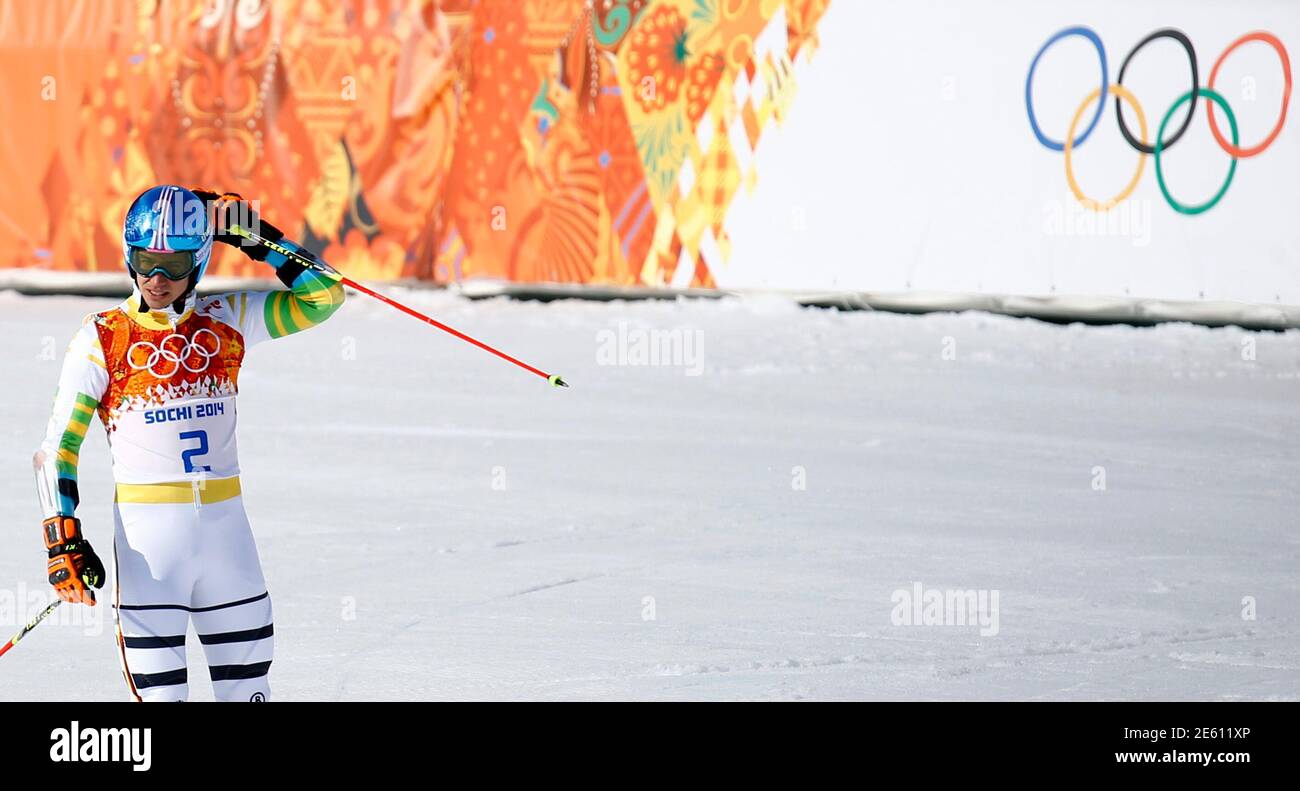 Germany's Felix Neureuther reacts after the second run of the men's alpine skiing giant slalom event at the 2014 Sochi Winter Olympics at the Rosa Khutor Alpine Center February 19, 2014. REUTERS/Kai Pfaffenbach (RUSSIA  - Tags: SPORT SKIING OLYMPICS) Stock Photo
