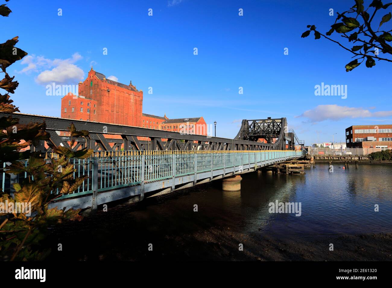 The Corporation Bridge, Grimsby town, Lincolnshire County, England The Corporation Bridge is a Scherzer rolling lift bascule bridge over the Old Dock Stock Photo