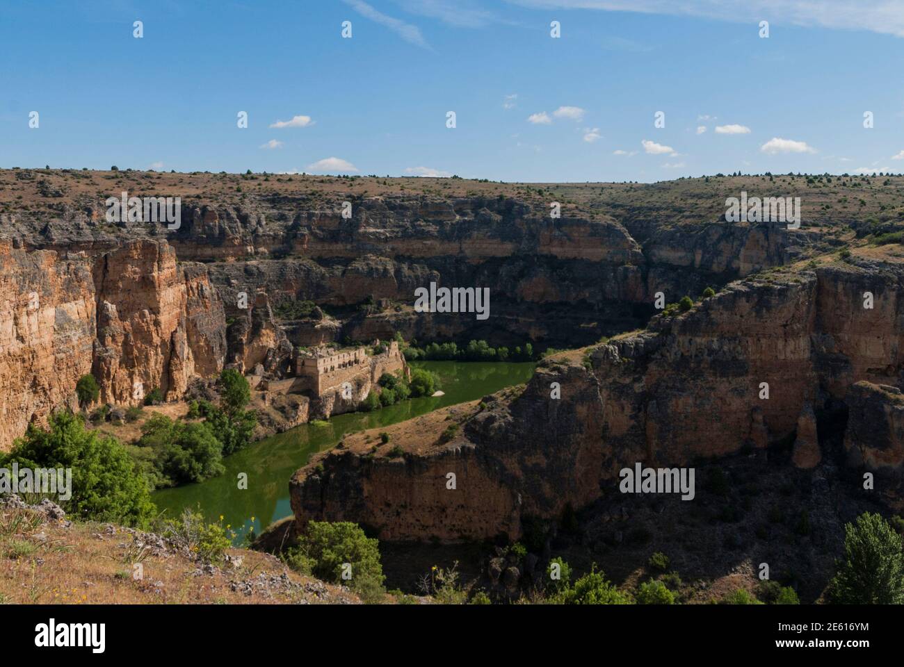 Monasterio de la Hoz (Sebulcor, Segovia, Spain) Limestone river canyon landscape with monastery ruins Stock Photo