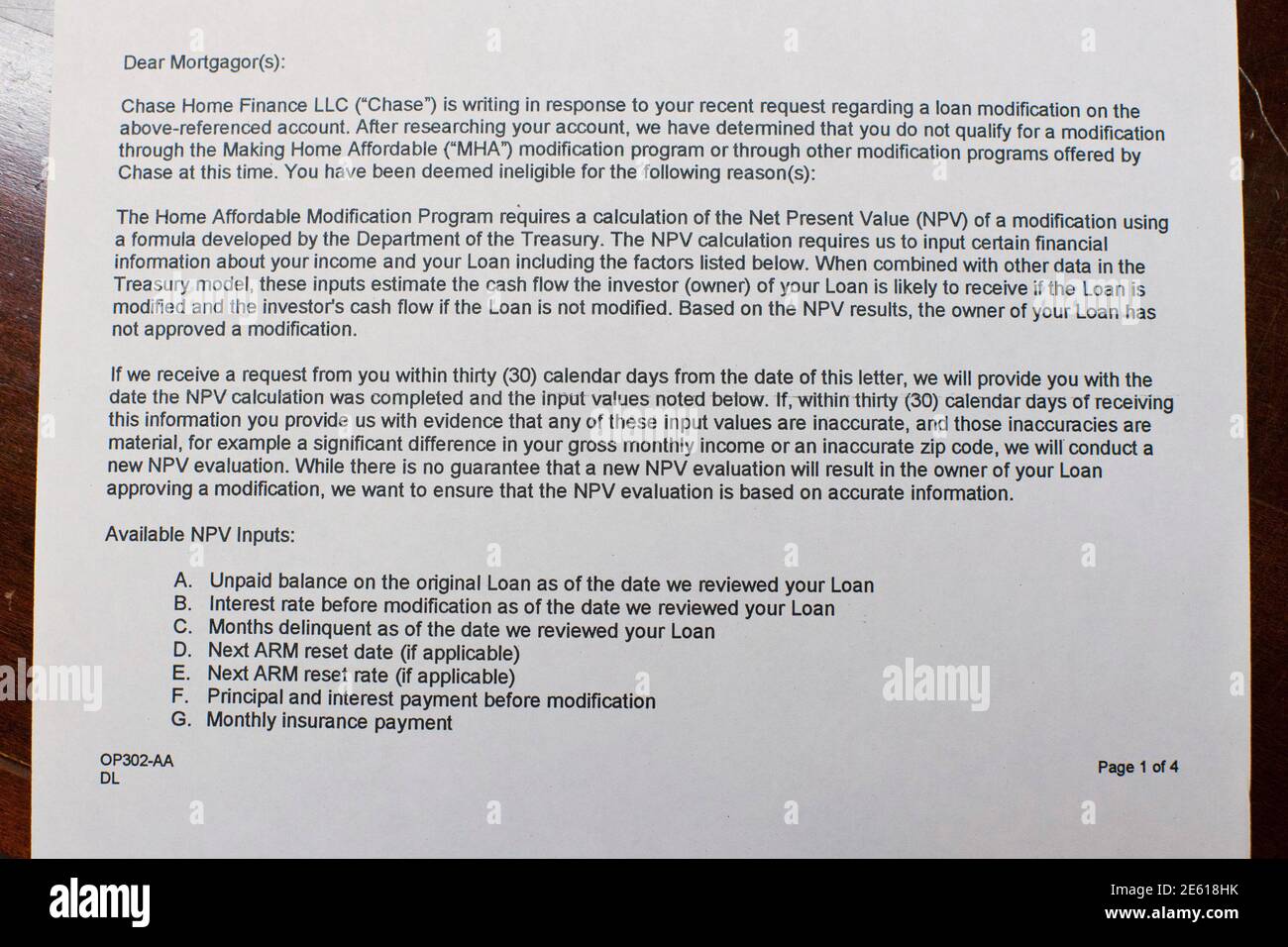 A letter from Chase Bank explaining that Hakan Tale has had his