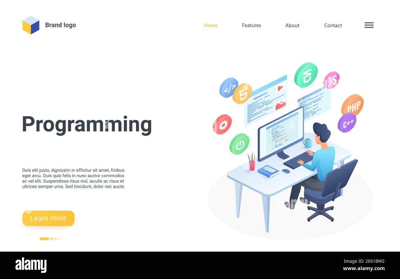 People programming isometric vector illustration. Cartoon professional programmer developer or coder man character working with code script program language in editor on computer screen landing page Stock Vector
