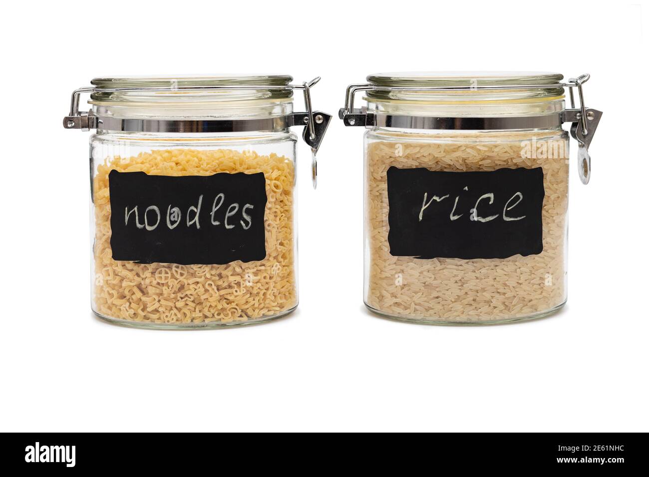 Pasta and longgrain steamed rice in a glass jars, fliptop closure